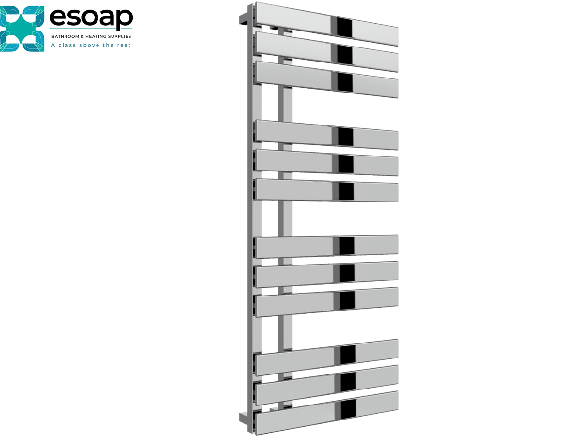 A tall, modern heated towel rail with horizontal silver bars and black end caps, shown on a plain white background with the Esoap logo in the top-left corner Reina Sesia 1180x500 Chrome Designer Radiator