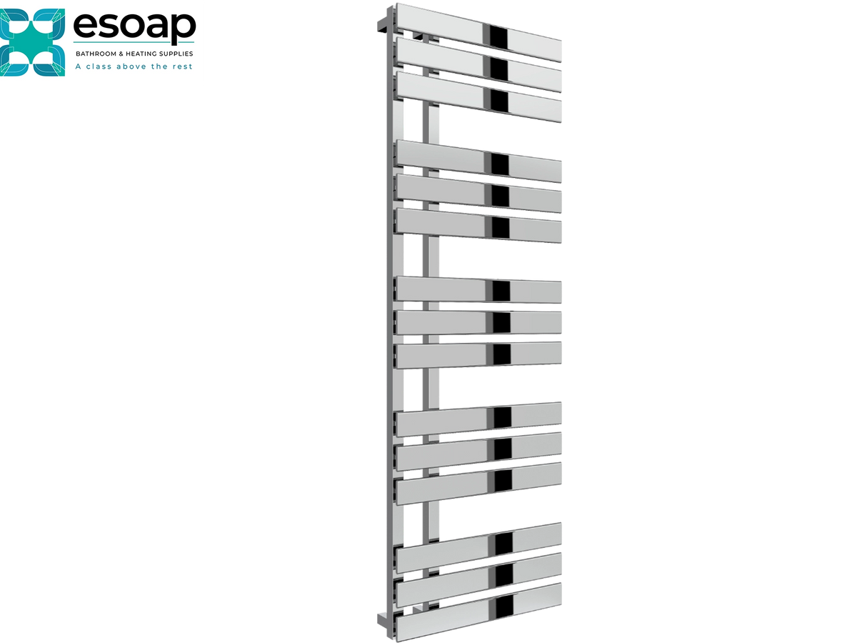 A tall, modern heated towel rail with horizontal chrome bars, shown on a plain white background with the Esoap brand logo in the top-left corner Reina Sesia 1500x500 Chrome Designer Radiator
