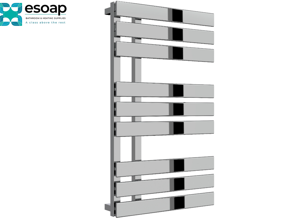A modern vertical towel radiator with horizontal silver bars and black center accents, shown on a white background with the Esoap logo in the top-left corner Reina Sesia 860x500 Chrome Designer Radiator