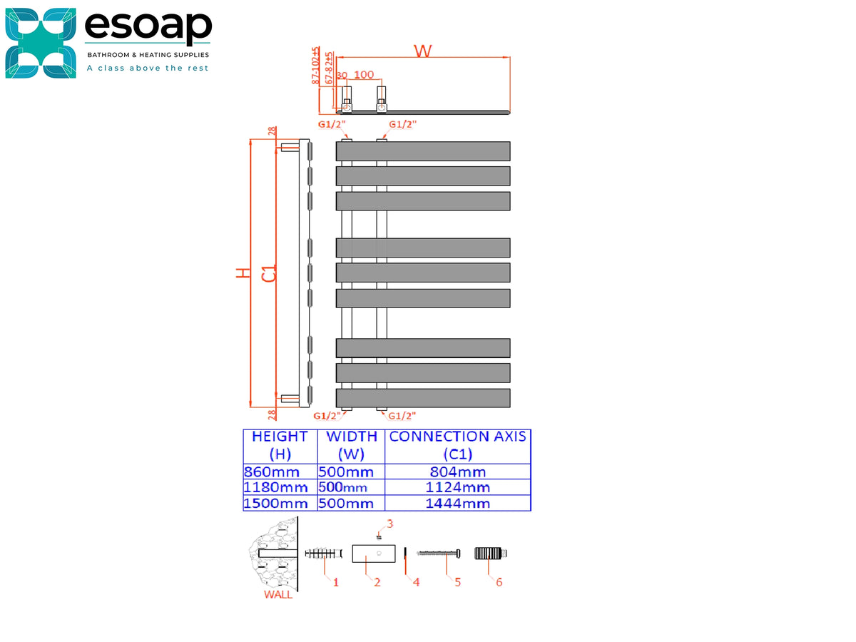 Technical dimension diagram and measurement chart for an Esoap wall-mounted electrical component, showing height (H), width (W), connection axis, and a small exploded parts diagram with numbered components Reina Sesia 1500x500 Designer Radiator