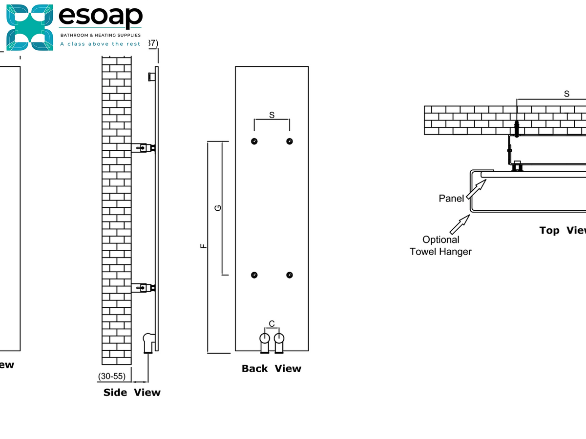 Technical installation diagram showing side and back views of a wall-mounted towel bar with dimensions, plus a top-view schematic of a panel and optional towel hanger, branded Esoap Reina Slimline Vertical Designer Radiator
