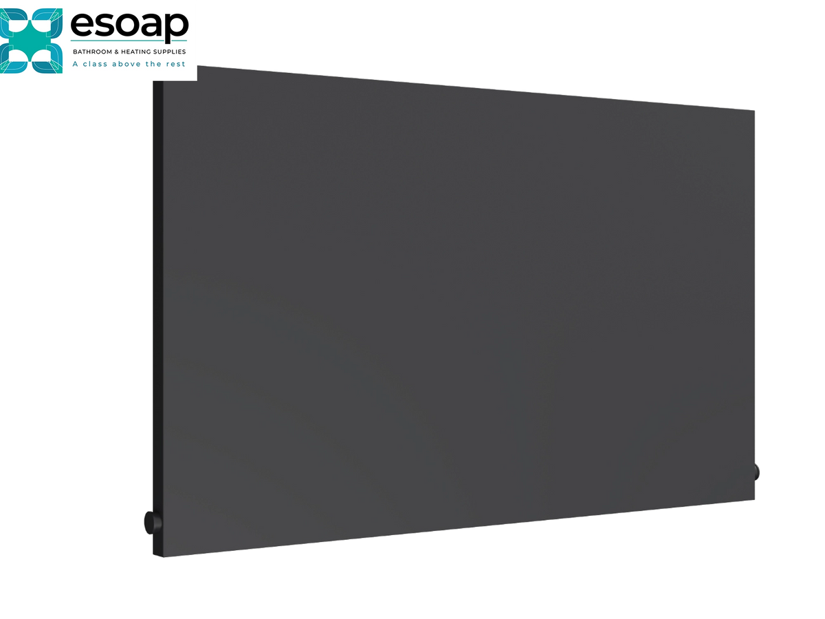 A dark gray wall-mounted panel heater shown at an angle against a white background, with the esoap brand logo in the top-left corner Reina Slimline Horizontal 600x1000 Anthracite Designer Radiator