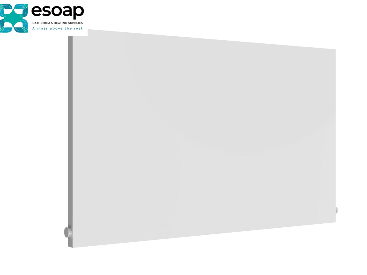 A white rectangular wall-mounted radiator or heater panel shown at an angle on a white background, with the esoap logo in the top-left corner Reina Slimline Horizontal 600x1000 White Designer Radiator