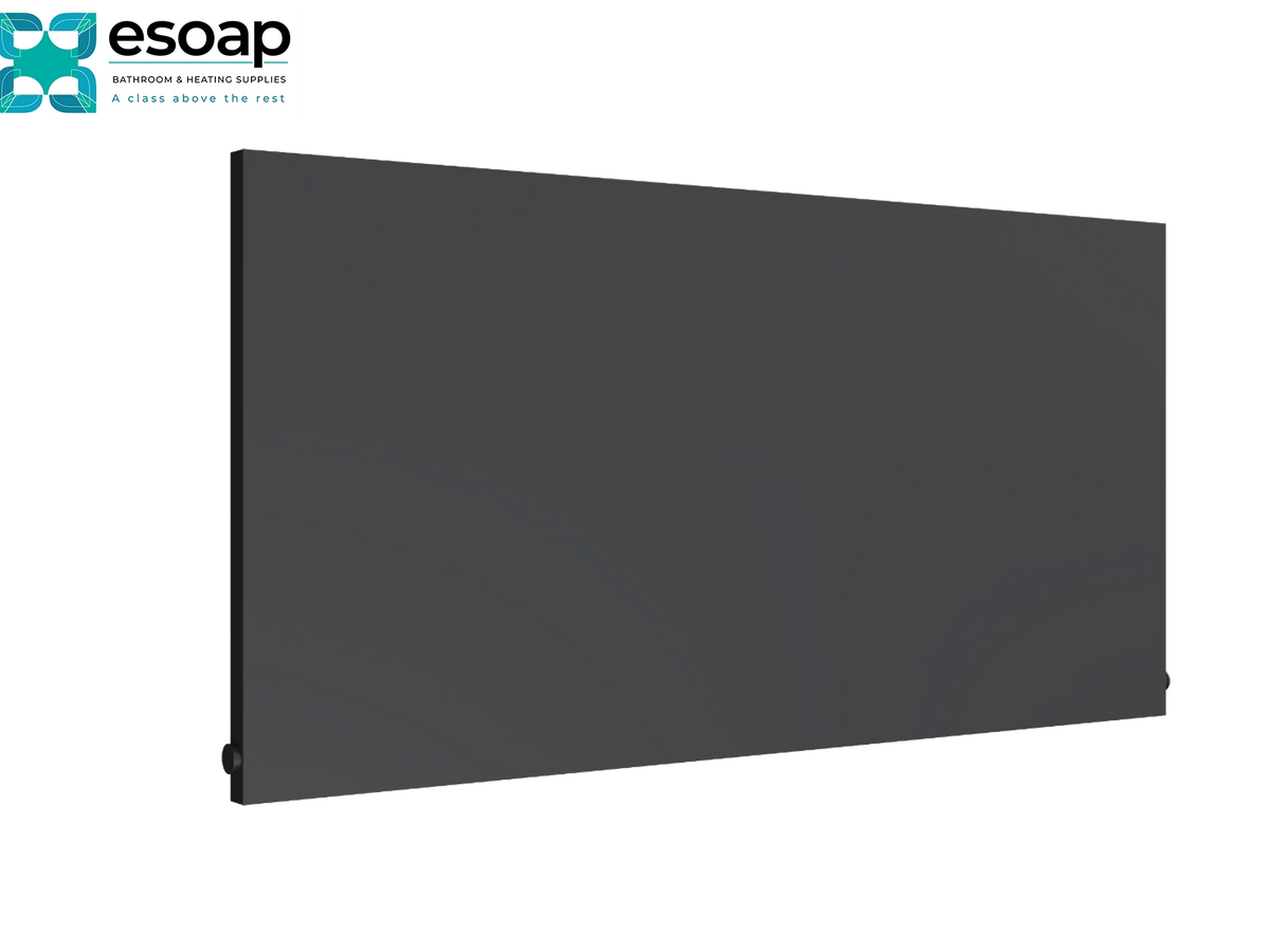 A dark gray rectangular panel or cover shown at an angle on a white background, with the esoap logo in the top-left corner Reina Slimline Horizontal 600x1200 Anthracite Designer Radiator