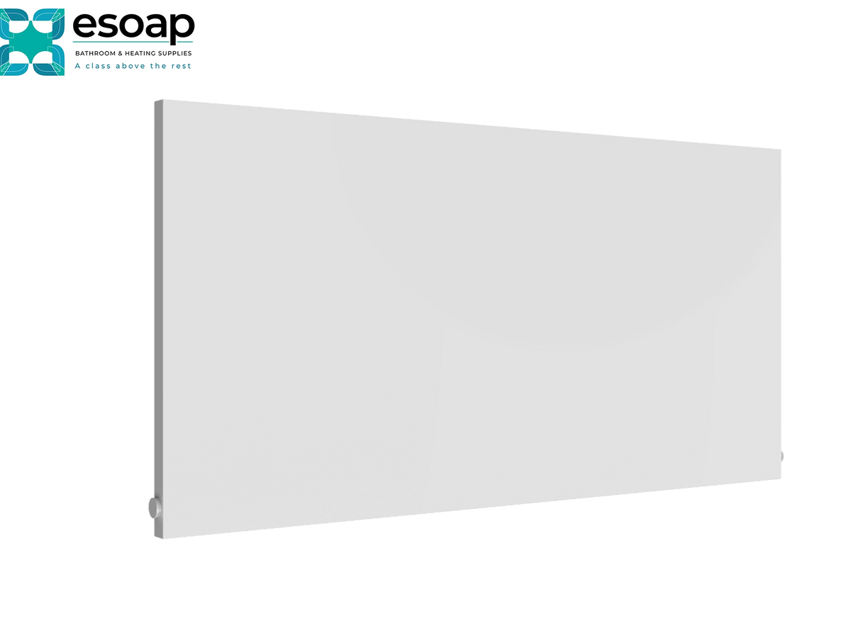 A white rectangular wall-mounted radiator shown at an angle on a white background, with the essoap logo in the top-left corner Reina Slimline Horizontal 600x1200 White Designer Radiator