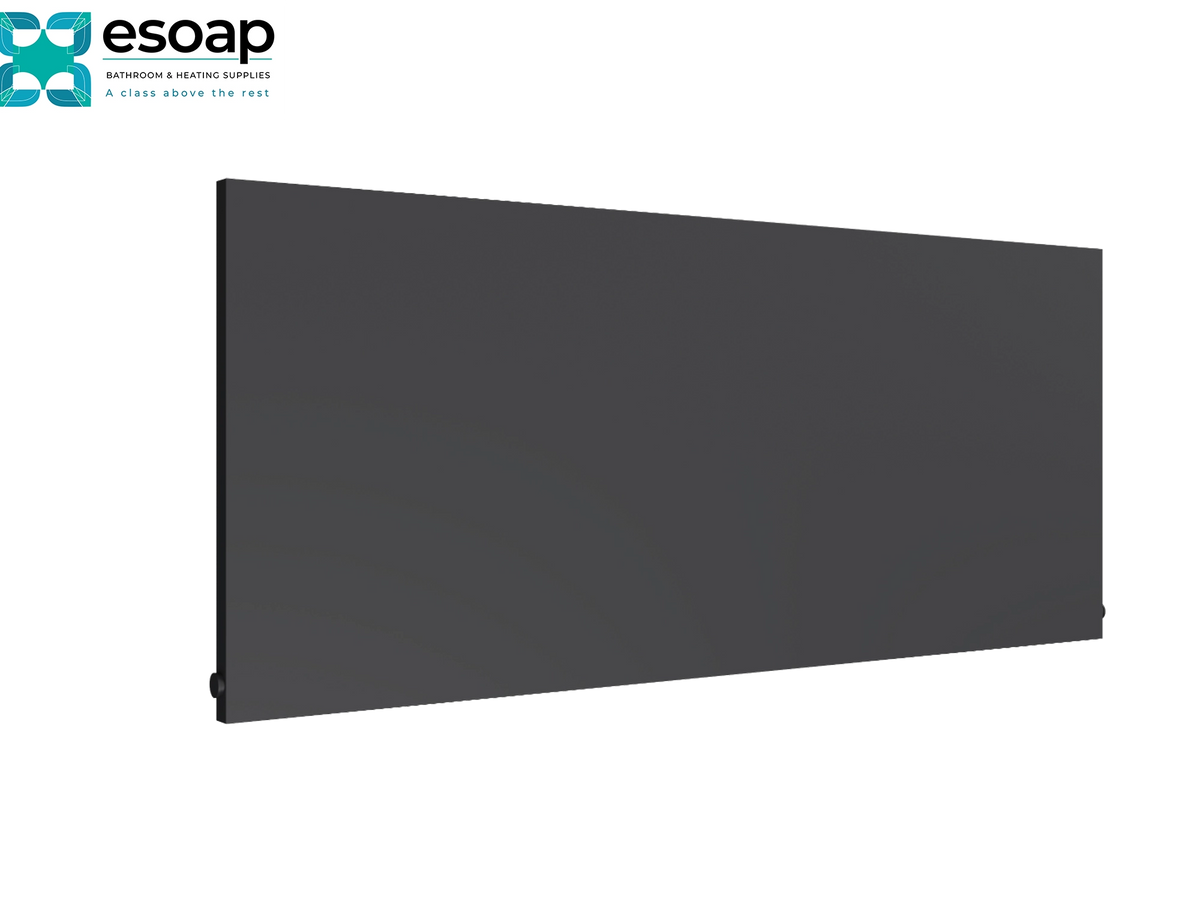 A dark gray rectangular panel, likely a radiator or heater, shown at an angle on a white background with the essoap logo in the top-left corner Reina Slimline Horizontal 600x1400 Anthracite Designer Radiator