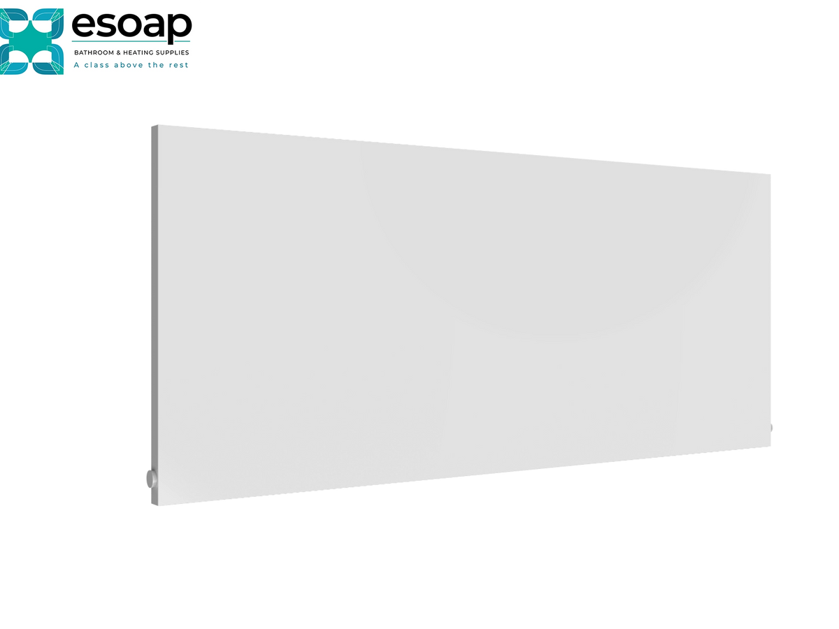 A white rectangular wall-mounted panel heater shown at an angle on a white background, with the esoap brand logo in the top-left corner Reina Slimline Horizontal 600x1400 White Designer Radiator