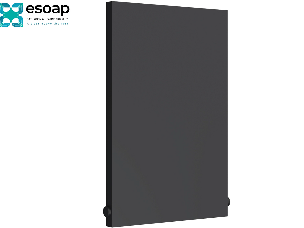 A dark gray rectangular panel or cover shown upright on a white background, with the Esoap logo visible in the top-left corner Reina Slimline Horizontal 600x400 Anthracite Designer Radiator