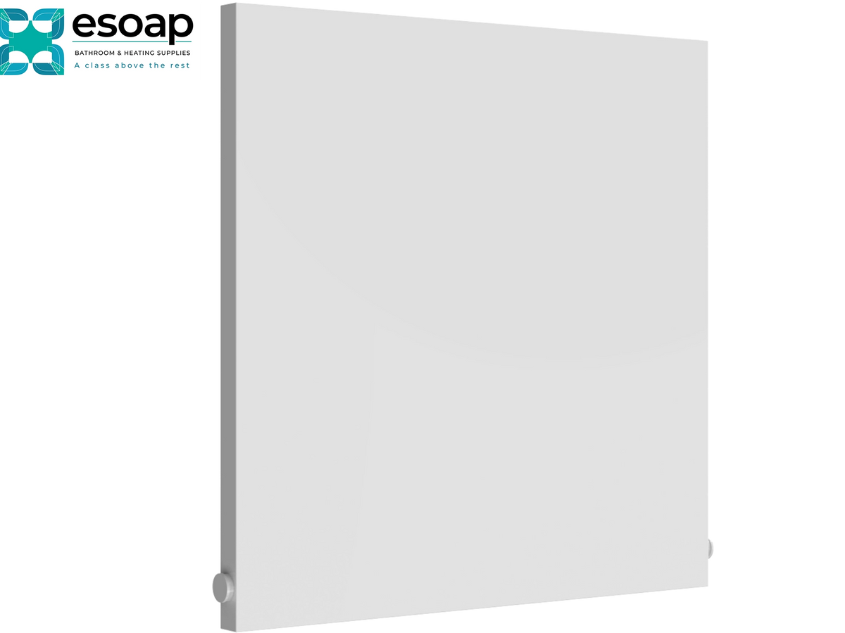 A minimalist white square panel or plaque shown at a slight angle on a white background, with the Esoap logo in the top-left corner Reina Slimline Horizontal 600x600 White Designer Radiator
