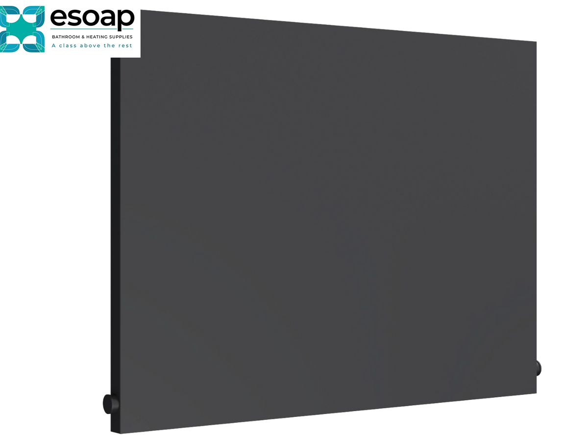 A dark gray flat rectangular panel or board shown at a slight angle on a white background, with an Esoap logo in the top-left corner Reina Slimline Horizontal 600x800 Anthracite Designer Radiator
