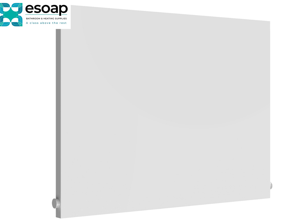 A minimalist white rectangular panel or board shown at a slight angle on a white background, with a small Esoap logo badge in the top-left corner Reina Slimline Horizontal 600x800 White Designer Radiator