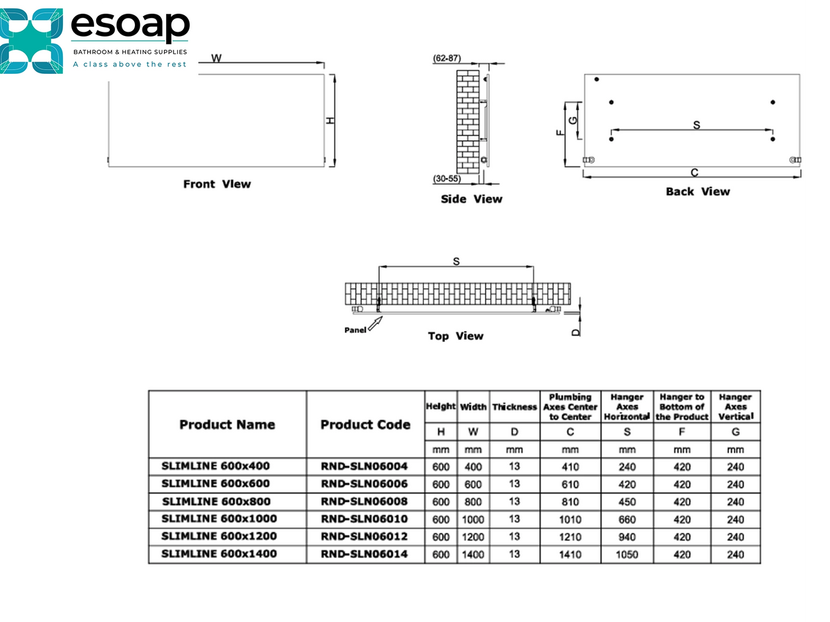 Technical specification sheet for Esoap Slimline 600x1400 bathroom vanity backsplash tile, showing front, side, back, and top views with dimensions, plus a product information table Reina Slimline Horizontal Designer Radiator