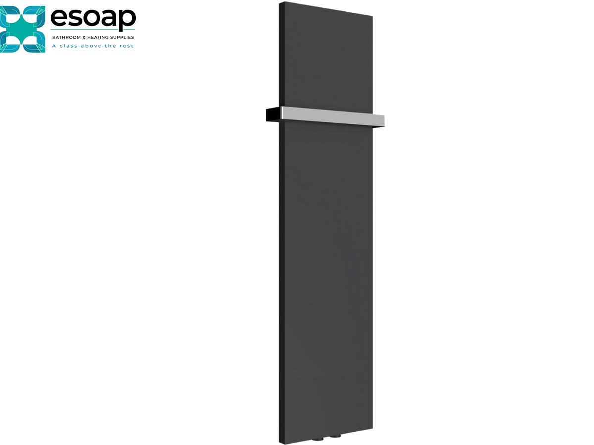A modern tall-panel radiator finish shown in a dark charcoal gray color with a horizontal brushed silver accent band, on a plain white background with the Esoap logo in the top-left corner Reina Slimline Vertical 1170x300 Anthracite Designer Radiator