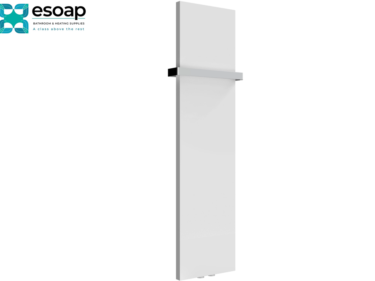 A tall, modern white radiator cover with a horizontal silver handle, shown on a plain white background with the essoap logo in the top-left corner Reina Slimline Vertical 1170x300 White Designer Radiator