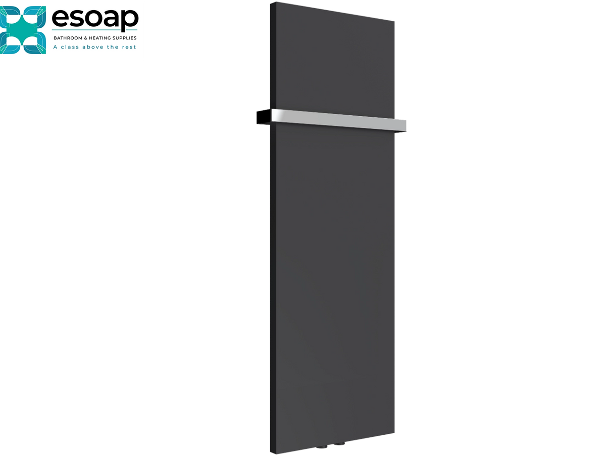 A tall, modern dark gray panel heater with a horizontal silver metallic accent band, shown against a plain white background with the 'esoap' brand logo in the top-left corner Reina Slimline Vertical 1170x400 Anthracite Designer Radiator