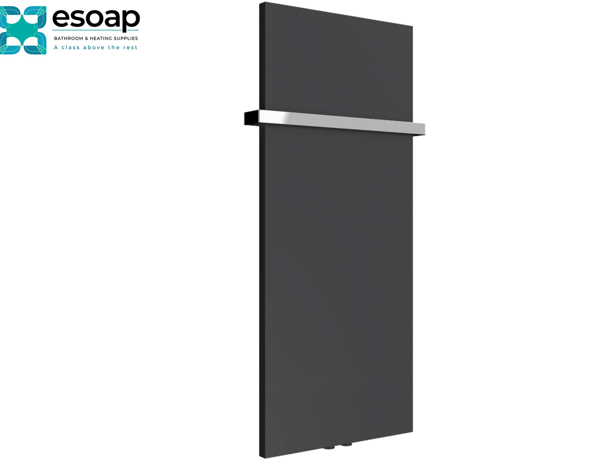 A modern dark gray panel heater with a sleek horizontal chrome handle, shown at an angle on a white background with the Esoap brand logo in the top-left corner Reina Slimline Vertical 1170x500 Anthracite Designer Radiator