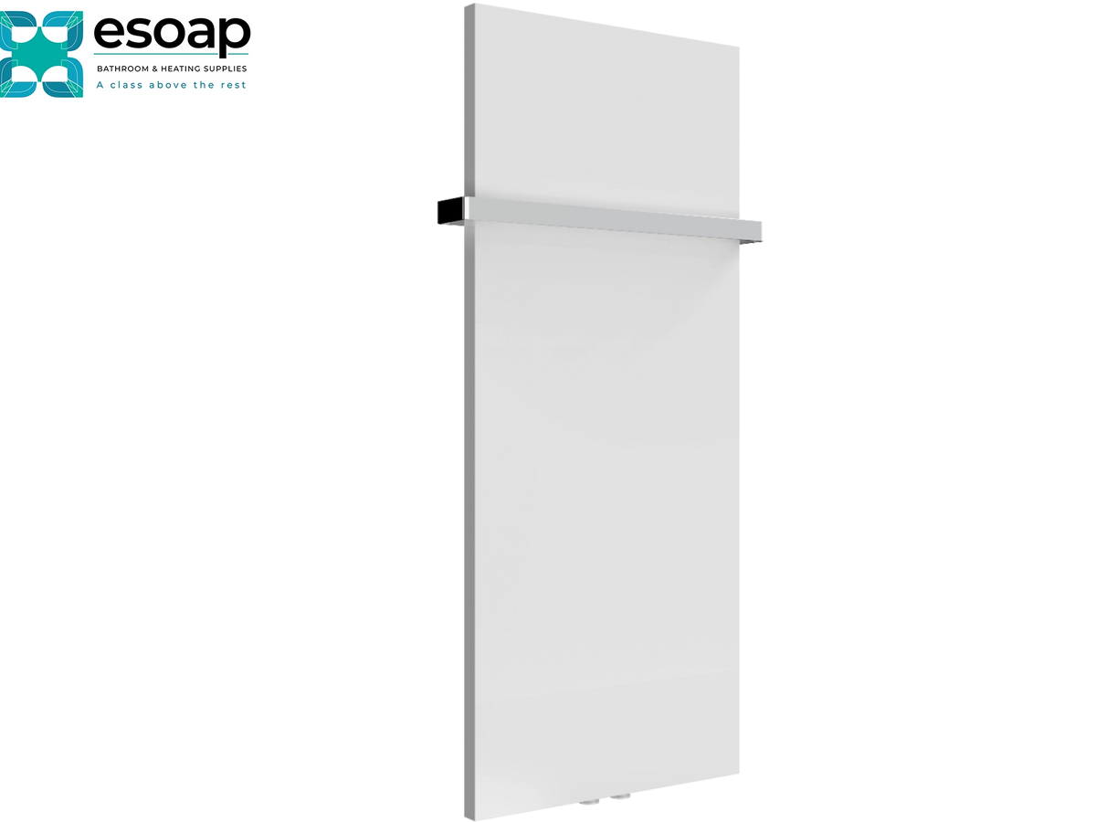 A modern white wall-mounted heated towel rail with a slim horizontal chrome bar, shown on a plain white background with the Esoap logo in the top-left corner Reina Slimline Vertical 1170x500 White Designer Radiator