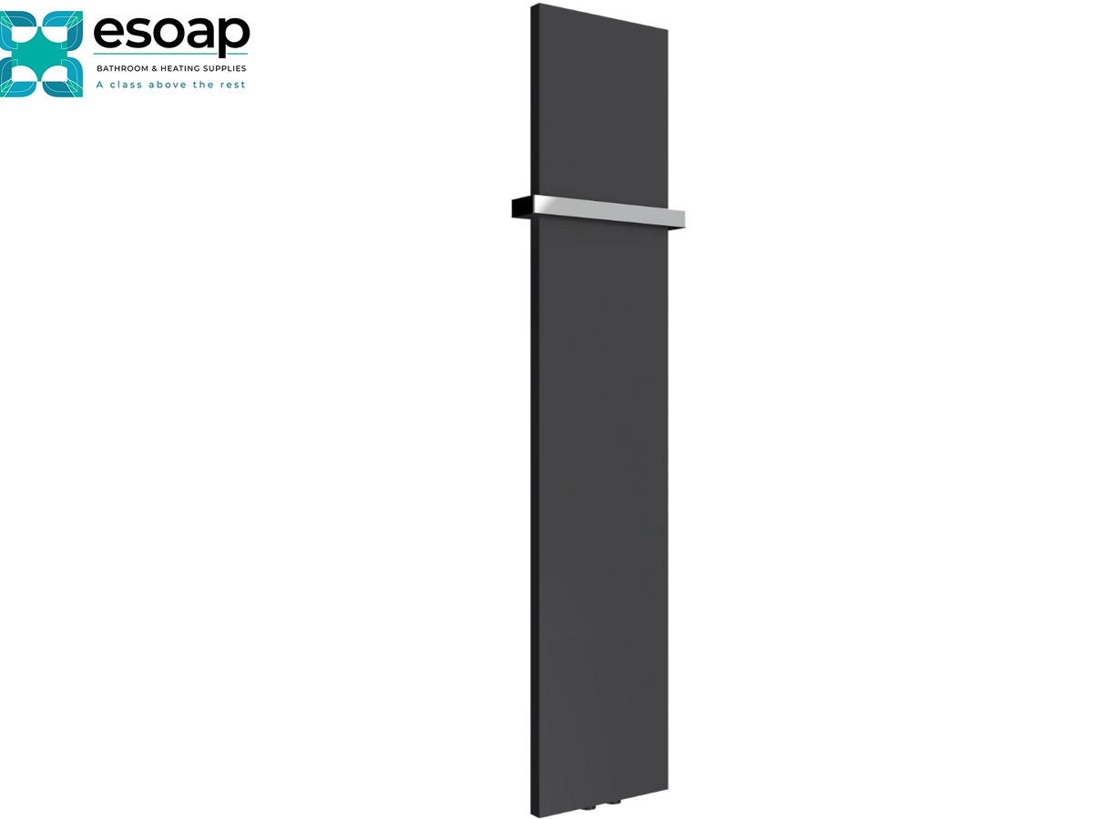 A modern tall rectangular radiator finial in matte dark gray with a silver horizontal accent band, shown on a plain white background with the esoap logo in the top-left corner Reina Slimline Vertical 1470x300 Anthracite Designer Radiator
