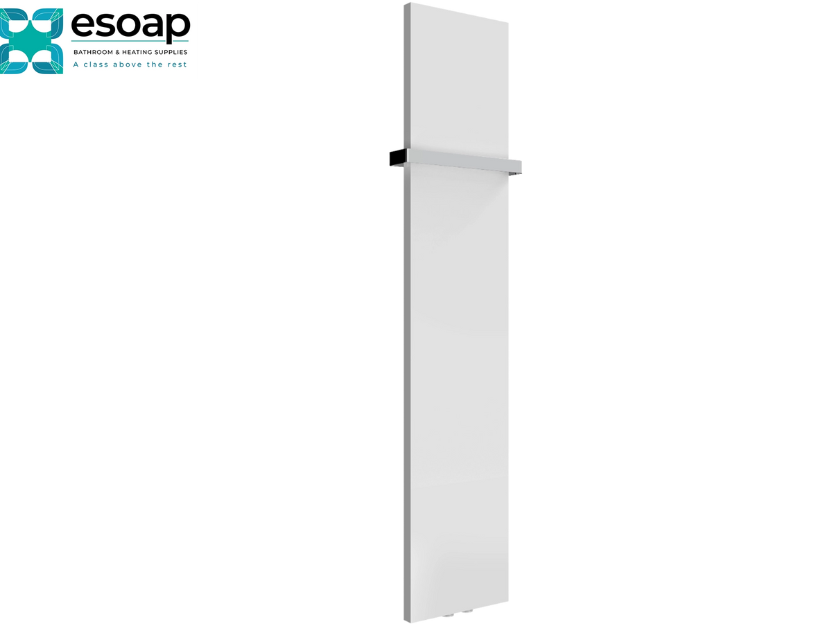 A tall, modern white radiator panel with a slim horizontal silver support bracket, shown against a plain white background with the esoap brand logo in the top-left corner Reina Slimline Vertical 1470x300 White Designer Radiator