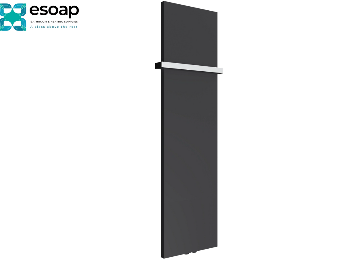 A tall, modern dark charcoal gray radiator shower valve trim with a horizontal silver accent band, shown on a plain white background with the esoap brand logo in the top-left corner Reina Slimline Vertical 1470x400 Anthracite Designer Radiator