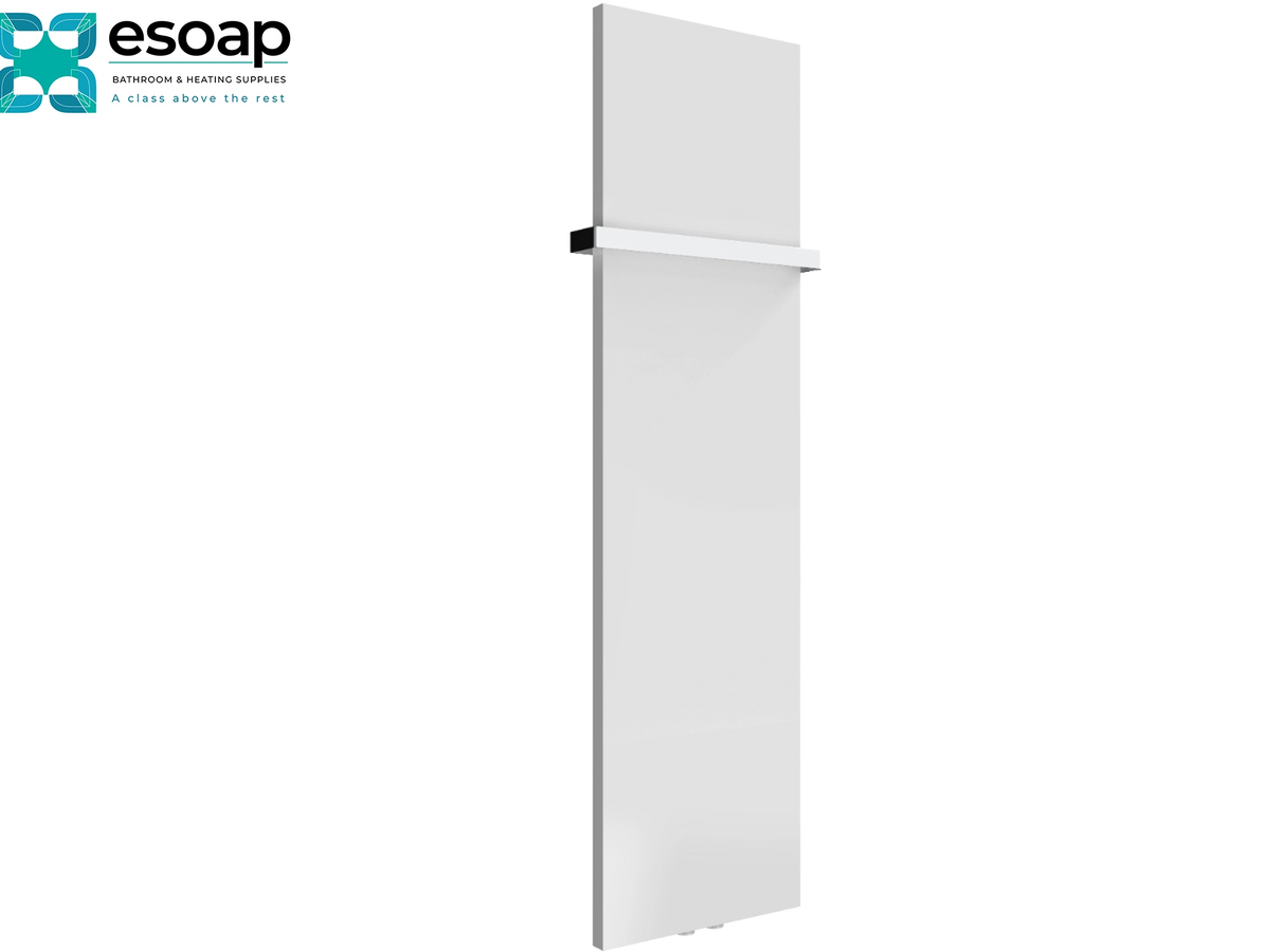 A modern white wall-mounted heated towel rail with a sleek horizontal bar, shown against a plain white background with the essoap brand logo in the top-left corner Reina Slimline Vertical 1470x400 White Designer Radiator