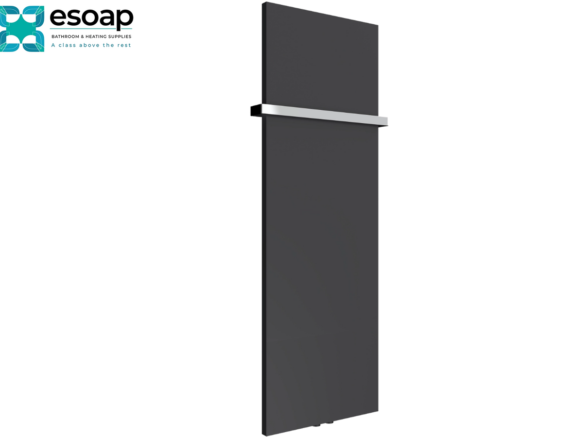 A modern dark gray double-door refrigerator shown from a side profile view on a white background, featuring a slim metallic silver handle and the 'esoap' brand logo in the top-left corner Reina Slimline Vertical 1470x500 Anthracite Designer Radiator