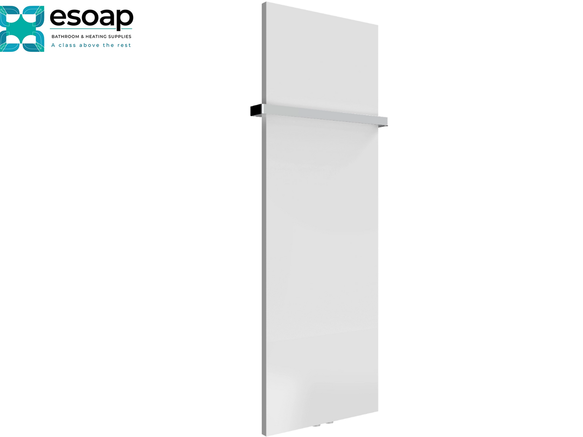 A tall, modern white wall-mounted heated towel rail with a slim horizontal chrome bar, shown on a plain white background with the Esoap logo in the top-left corner Reina Slimline Vertical 1470x500 White Designer Radiator