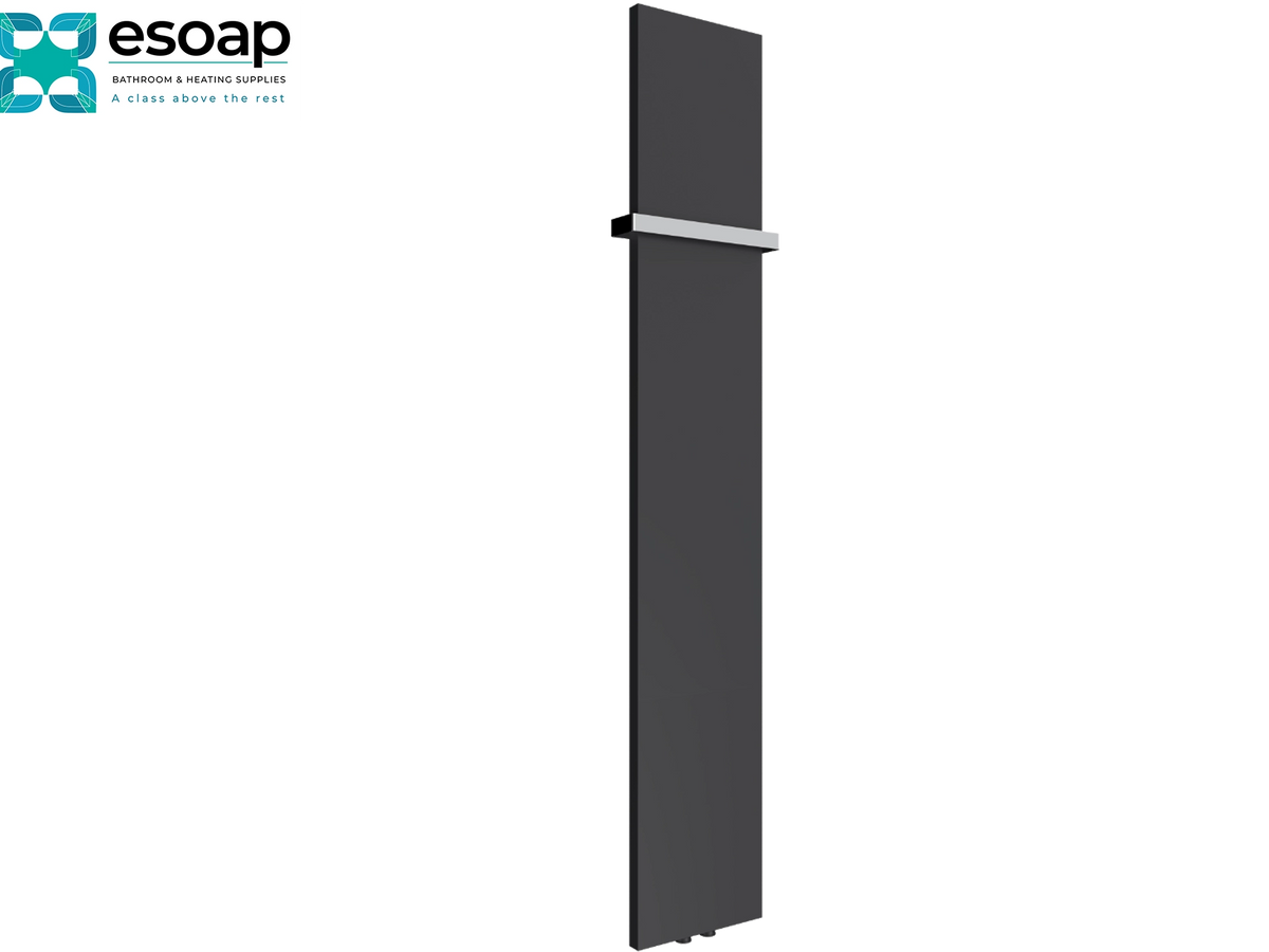 A modern, slim vertical dark gray heated towel rail with a silver horizontal bar, shown on a plain white background with the esoap brand logo in the top-left corner Reina Slimline Vertical 1770x300 Anthracite Designer Radiator