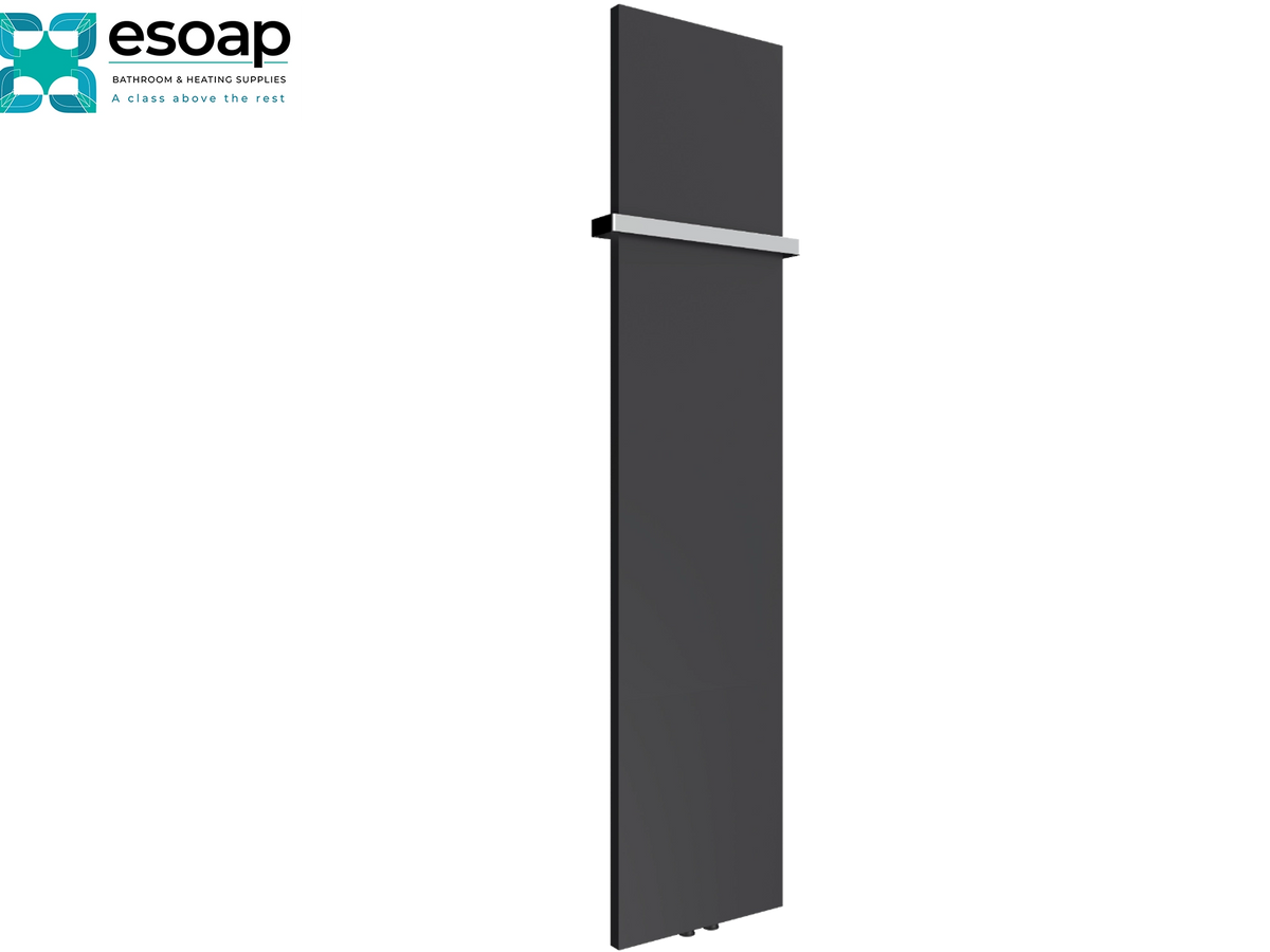 A tall, narrow matte black radiator panel with a horizontal chrome handle, shown on a plain white background with the Esoap logo in the top-left corner Reina Slimline Vertical 1770x400 Anthracite Designer Radiator