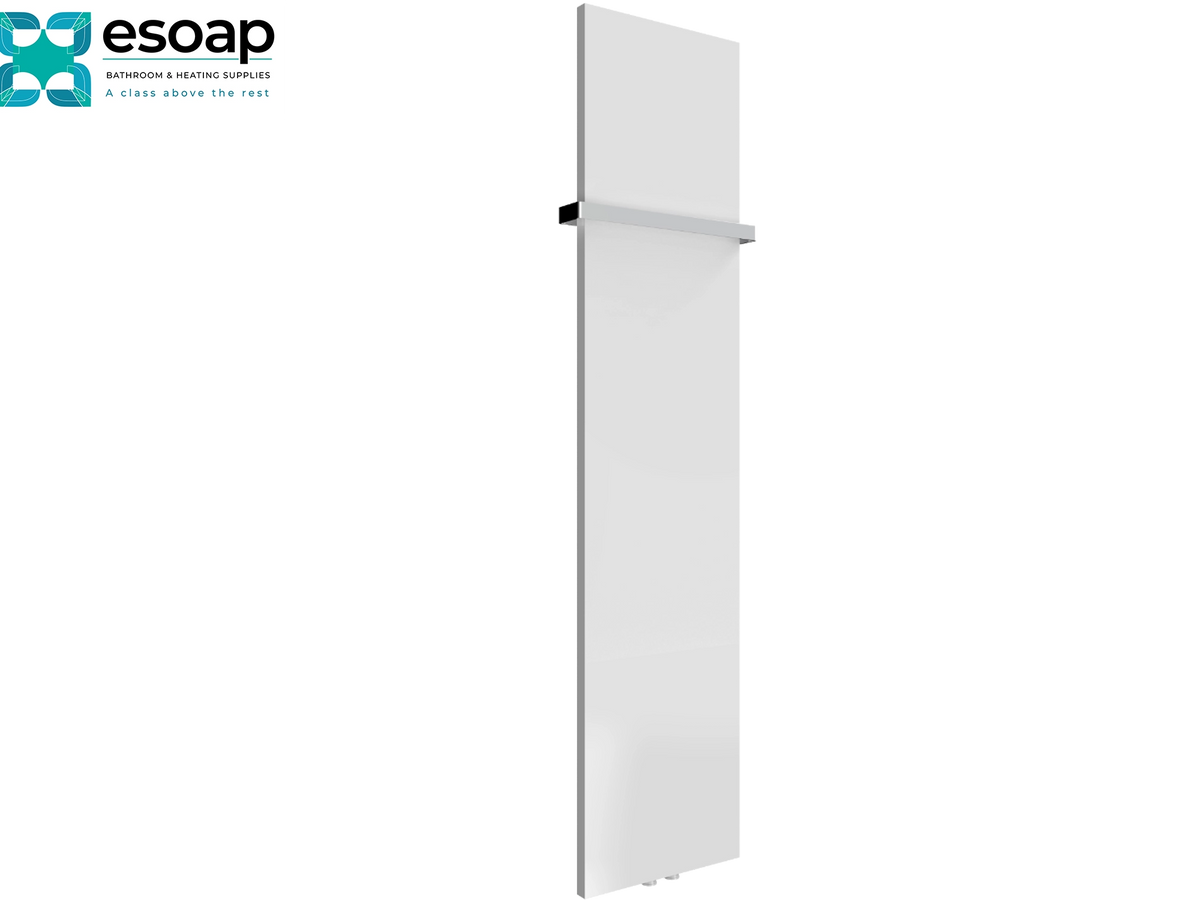 A tall, modern white wall-mounted radiator with a slim horizontal control bar, shown on a plain white background with the Esoap brand logo in the top-left corner Reina Slimline Vertical 1770x400 White Designer Radiator