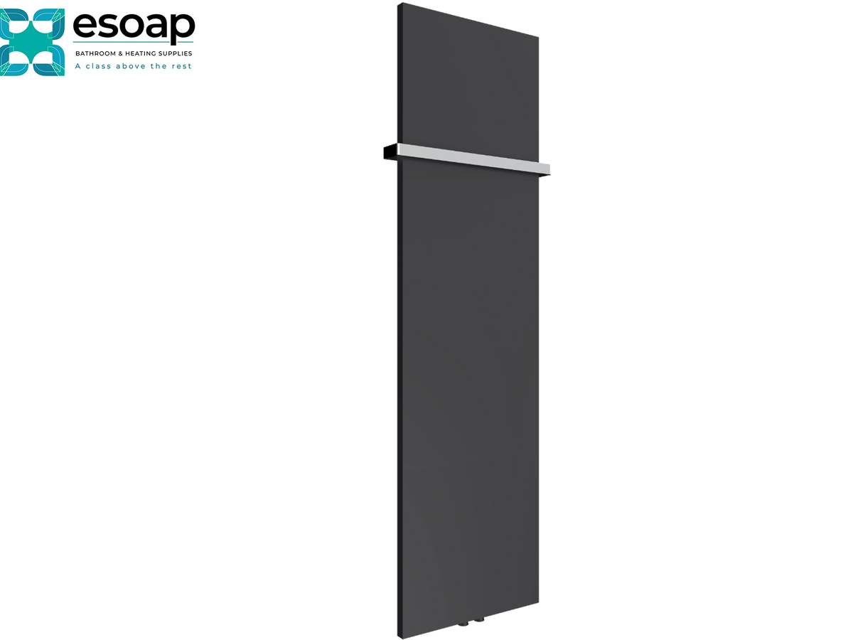A tall, modern dark charcoal gray wall-mounted heated towel rail with a slim horizontal silver metal accent bar, shown on a plain white background with the Esoap brand logo in the top-left corner Reina Slimline Vertical 1770x500 Anthracite Designer Radiator