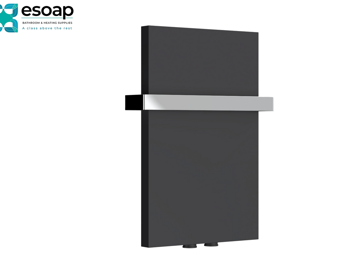A dark charcoal gray wall-mounted radiator with a polished silver horizontal bar across the middle, shown on a plain white background with the essoap logo in the top-left corner Reina Slimline Vertical 470x300 Anthracite Designer Radiator