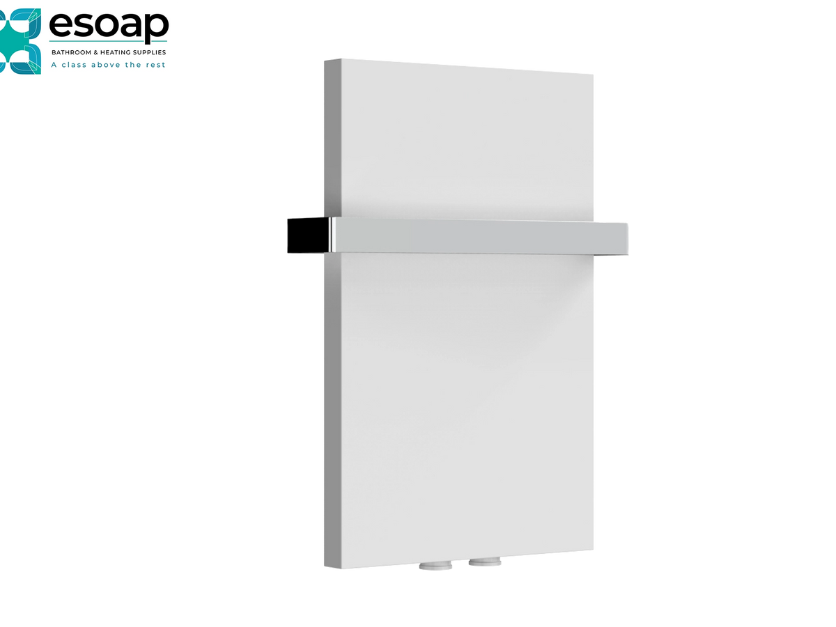 A modern wall-mounted radiator with a minimalist white faceplate and a horizontal chrome bar, shown on a plain white background with the essoap logo in the top-left corner Reina Slimline Vertical 470x300 White Designer Radiator