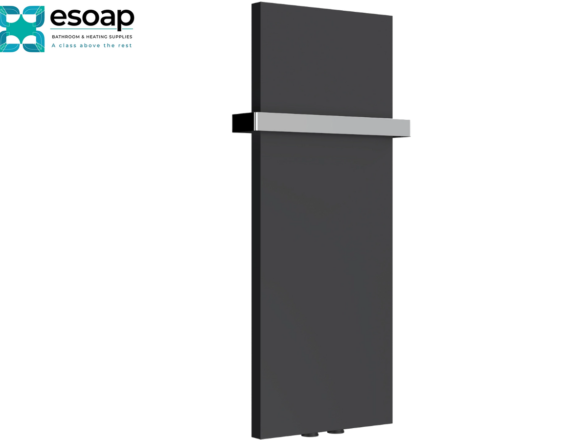 A modern dark gray vertical panel radiator with a silver horizontal accent band, shown on a plain white background with the Esoap brand logo in the top-left corner Reina Slimline Vertical 770x300 Anthracite Designer Radiator