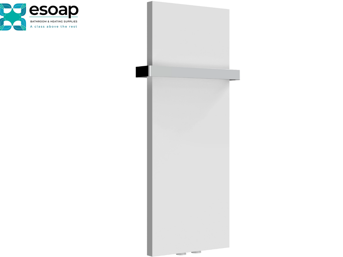 A modern white panel radiator with a slim silver metal bracket, shown on a plain white background with the Esoap logo in the top-left corner Reina Slimline Vertical 770x300 White Designer Radiator