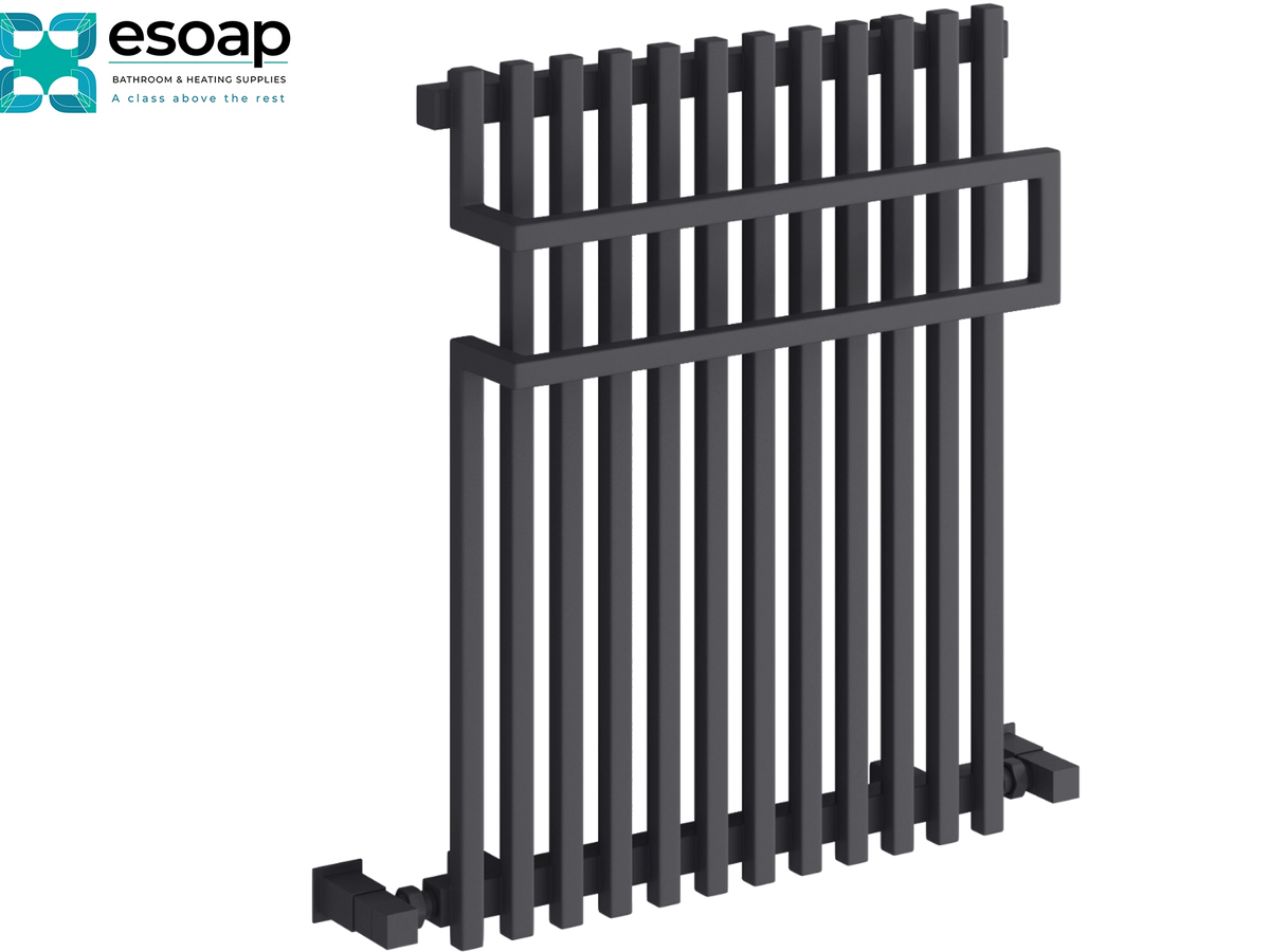A dark gray metal fence panel with vertical slats and horizontal guard rails, shown on a plain white background with the Esoap logo in the top-left corner Reina Sori 650x500 Anthracite Designer Radiator