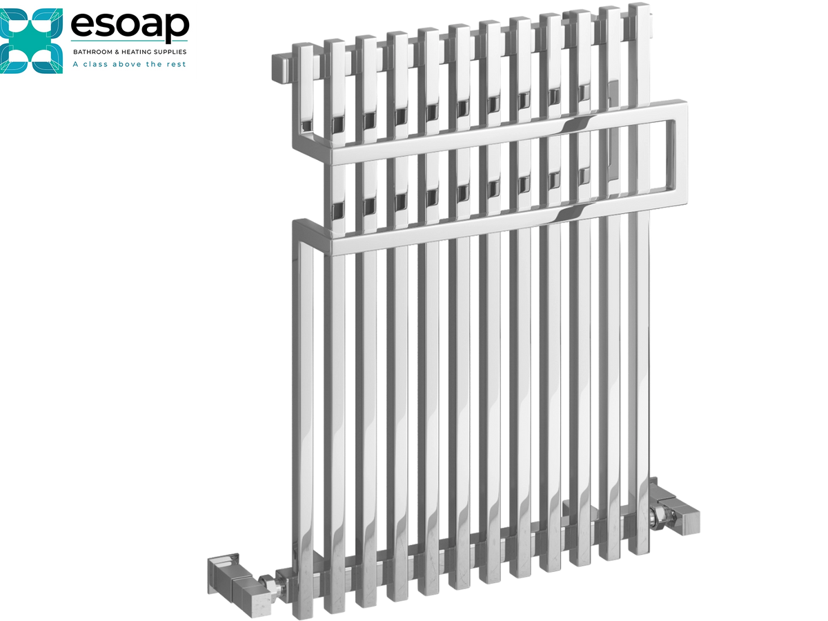 A white metal security gate with vertical bars and a top horizontal bar, shown on a plain white background with the Esoap logo in the top-left corner Reina Sori 650x500 Chrome Designer Radiator