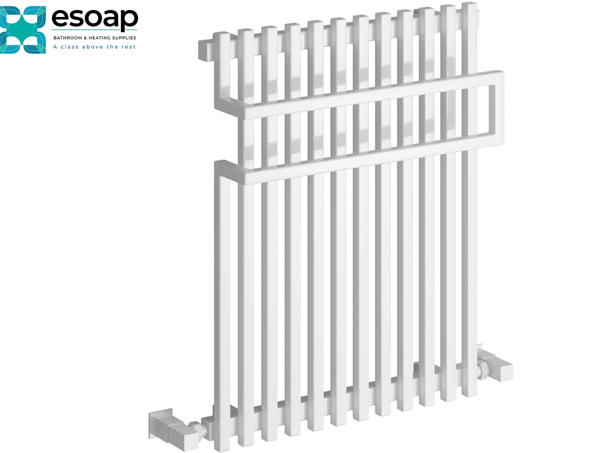 White plastic safety fence panel with vertical slats and a top guard bar, shown on a white background with the Esoap logo in the top-left corner Reina Sori 650x500 White Designer Radiator