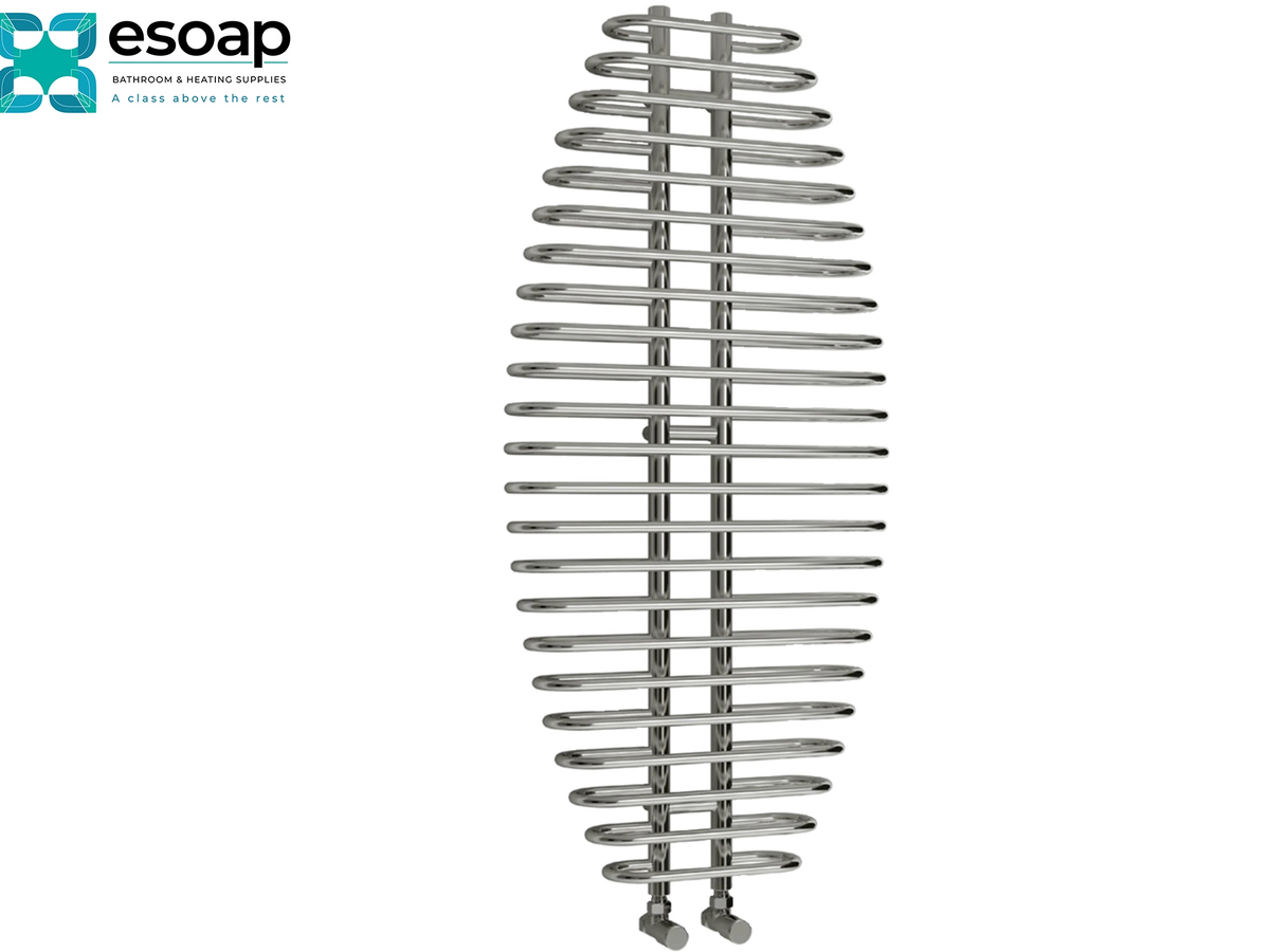 A polished chrome spiral radiator with multiple horizontal bars, shown on a plain white background with the esoap brand logo in the top-left corner Reina Teano 1300x600 Chrome Designer Radiator
