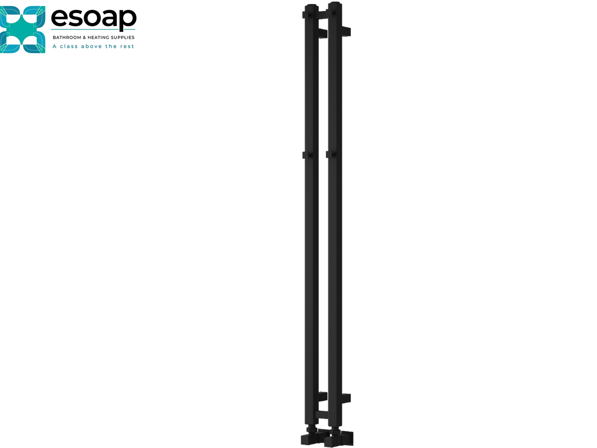 A tall, slender black double-handle door pull with a matte finish, shown vertically against a plain white background. The logo for 'esoap' is visible in the top-left corner Reina Todi 1200x108 Black Designer Radiator