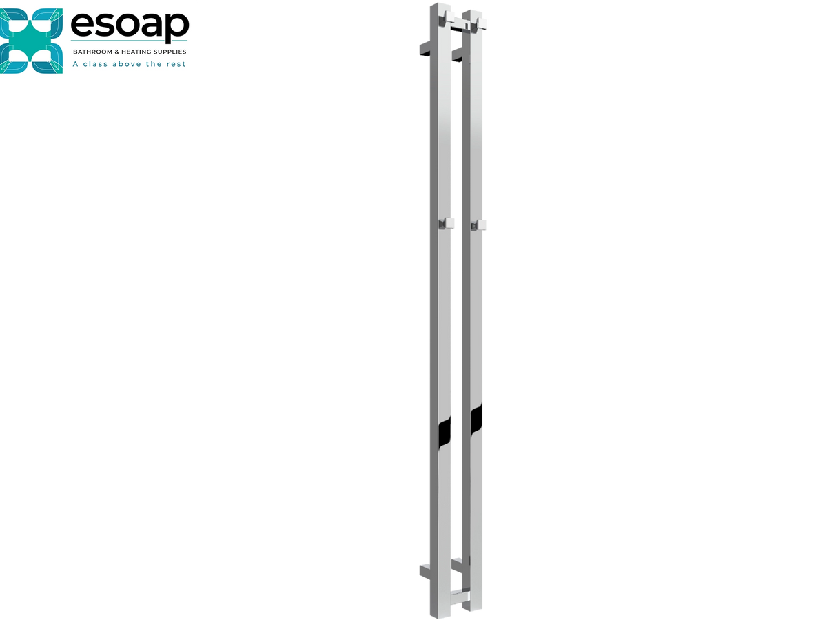 A tall, narrow stainless steel double door handle set with black grip sections, shown on a plain white background. The Esoap brand logo is visible in the top-left corner Reina Todi 1200x108 Chrome Designer Radiator