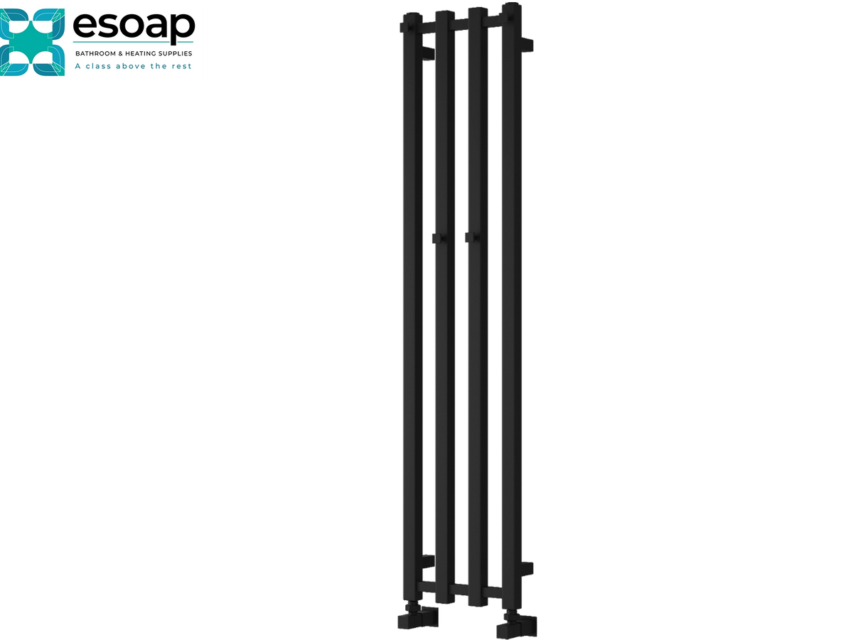 A tall, modern black radiator shower arm with four vertical bars and a flat base, shown against a plain white background with the esoap brand logo in the top-left corner Reina Todi 1200x260 Black Designer Radiator
