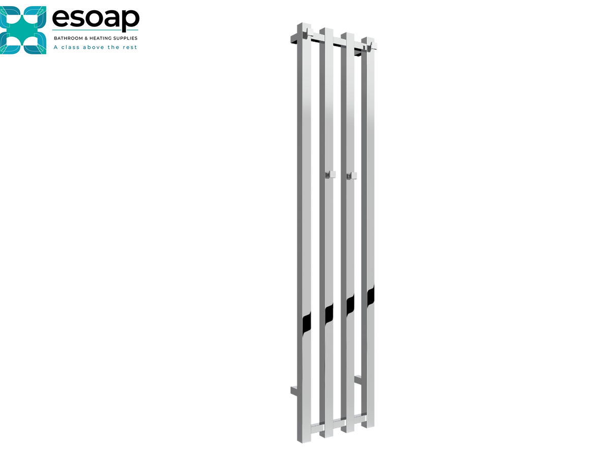 A tall, narrow white radiator cover with four vertical bars and small black accent bands, shown on a plain white background with the Esoap logo in the top-left corner Reina Todi 1200x260 Chrome Designer Radiator