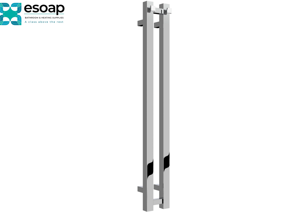 A modern tall double-door handle set in polished silver stainless steel, shown vertically on a plain white background with the Esoap brand logo in the top-left corner Reina Todi 800x108 Chrome Designer Radiator