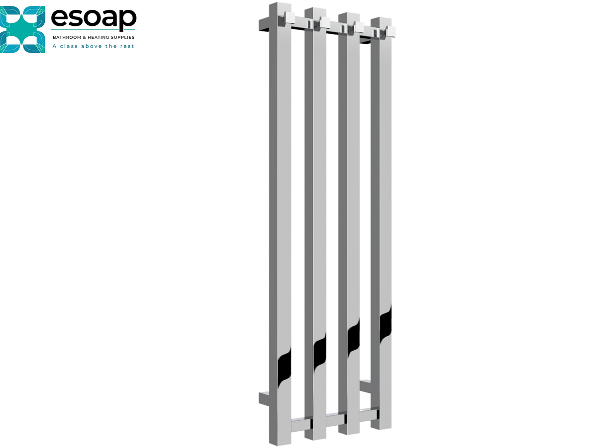 A tall, modern silver metal door handle set with four vertical bars and black grip accents, shown on a plain white background with the Esoap logo in the top-left corner Reina Todi 800x260 Chrome Designer Radiator