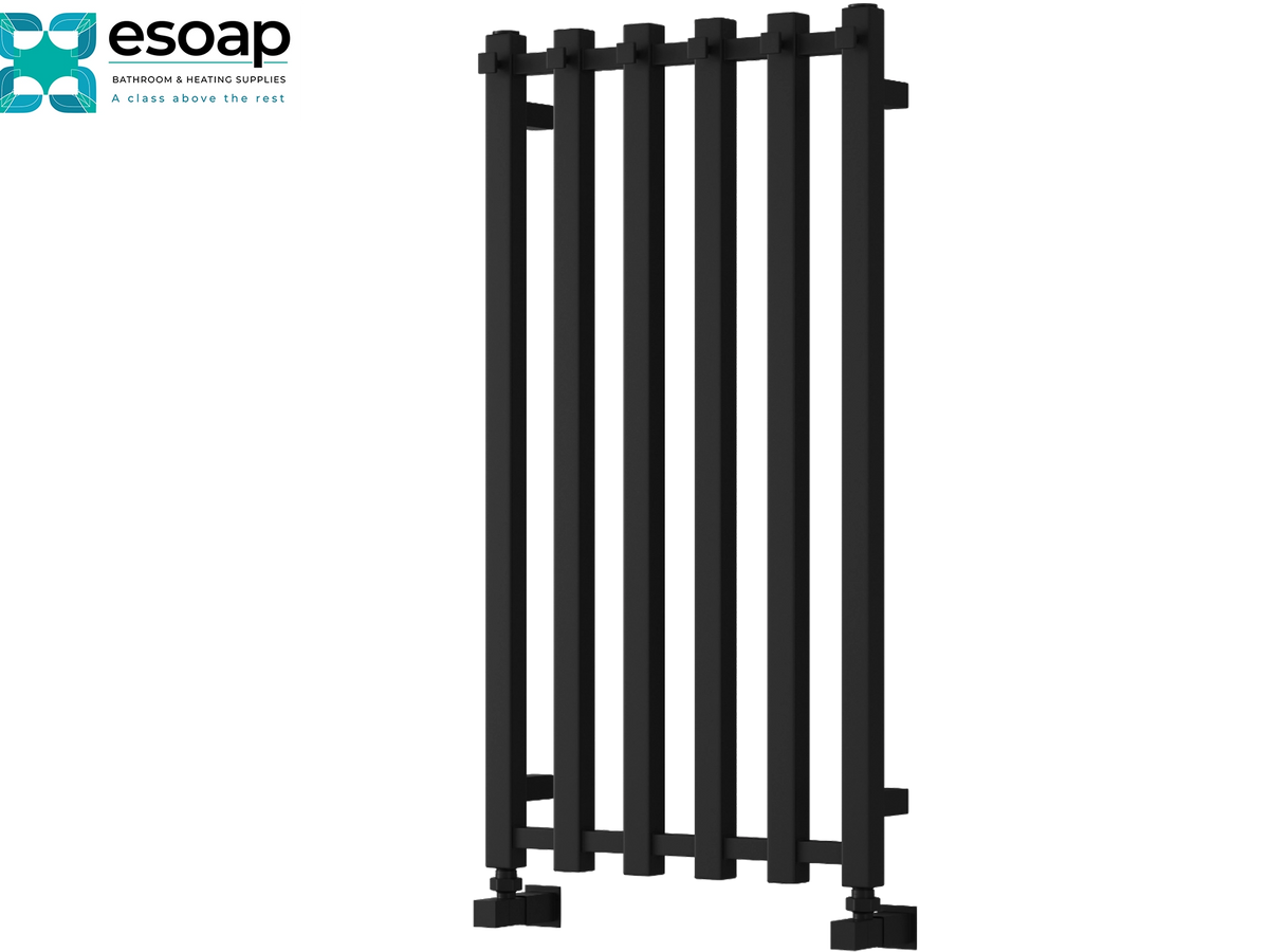 A black vertical panel radiator with cylindrical bars and mounting feet, shown on a plain white background with the Esoap logo in the top-left corner Reina Todi 800x415 Black Designer Radiator