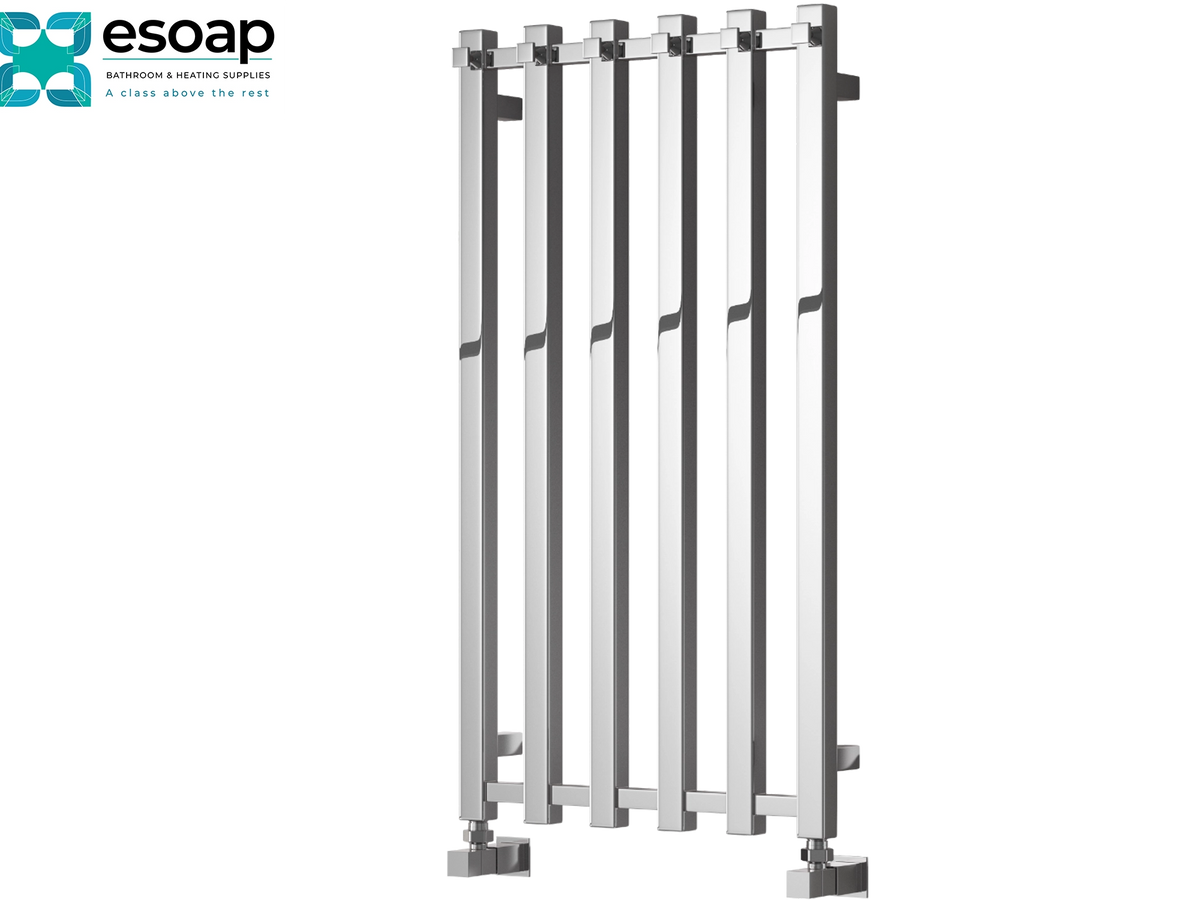 A modern vertical chrome radiator with a sleek, minimalist design, shown on a plain white background with the Esoap brand logo in the top-left corner Reina Todi 800x415 Chrome Designer Radiator