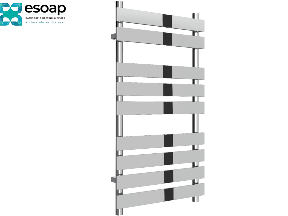 A modern chrome-finished heated towel rail with horizontal bars and black center accents, shown on a plain white background with the Esoap logo in the top-left corner Reina Trento 1300x500 Chrome Designer Radiator