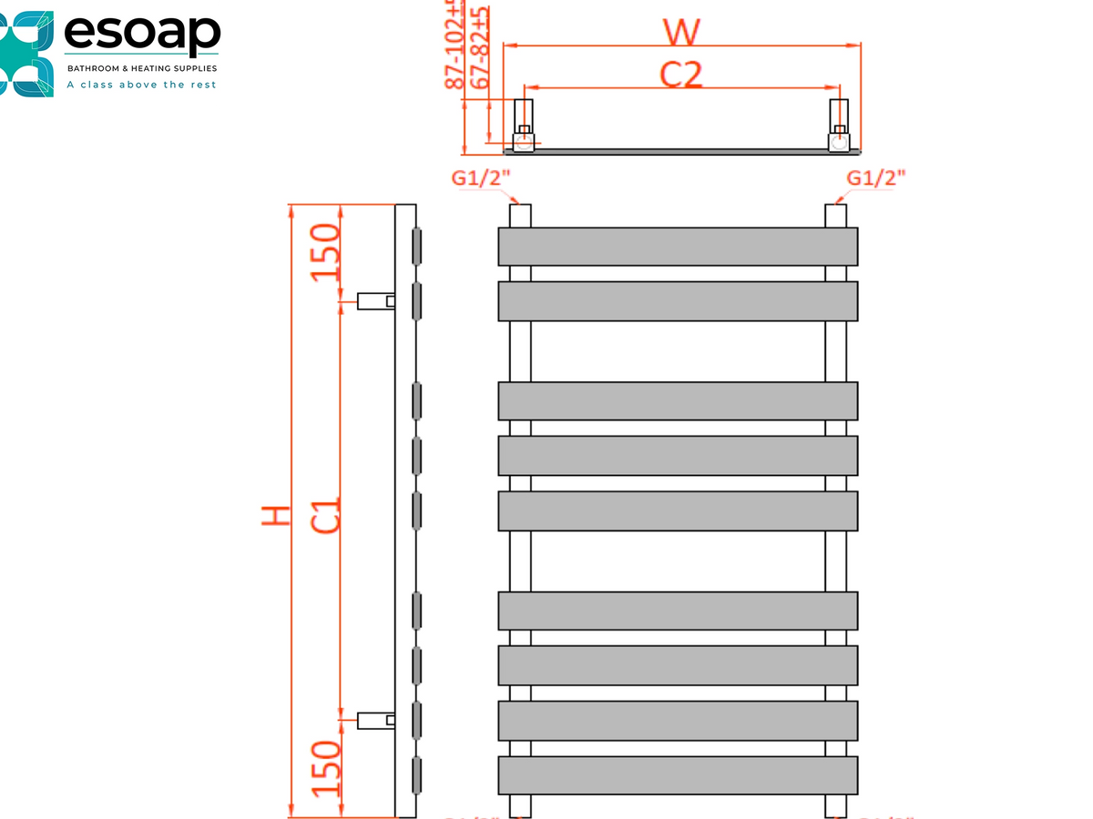 Technical dimension diagram of a ladder-style product, showing front and side views with labeled measurements W, C2, H, C1, and 150 in red text on a white background. The ESOAP brand logo appears in the top left Reina Trento 1300x500 Chrome Designer Radiator