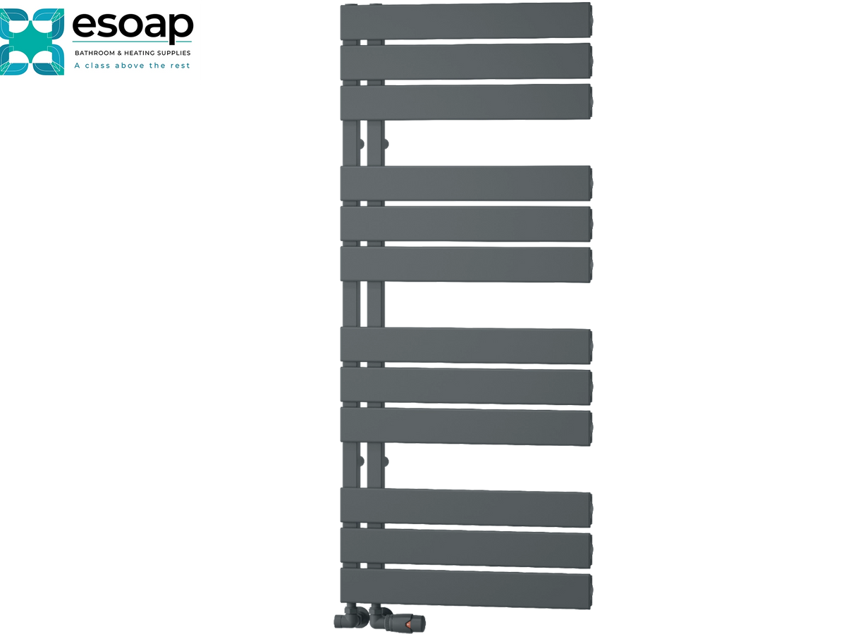 A dark gray heated towel rail with horizontal bars, shown against a plain white background with the essoap brand logo in the top-left corner. Reina Vada 1190x500 Anthracite Designer Radiator